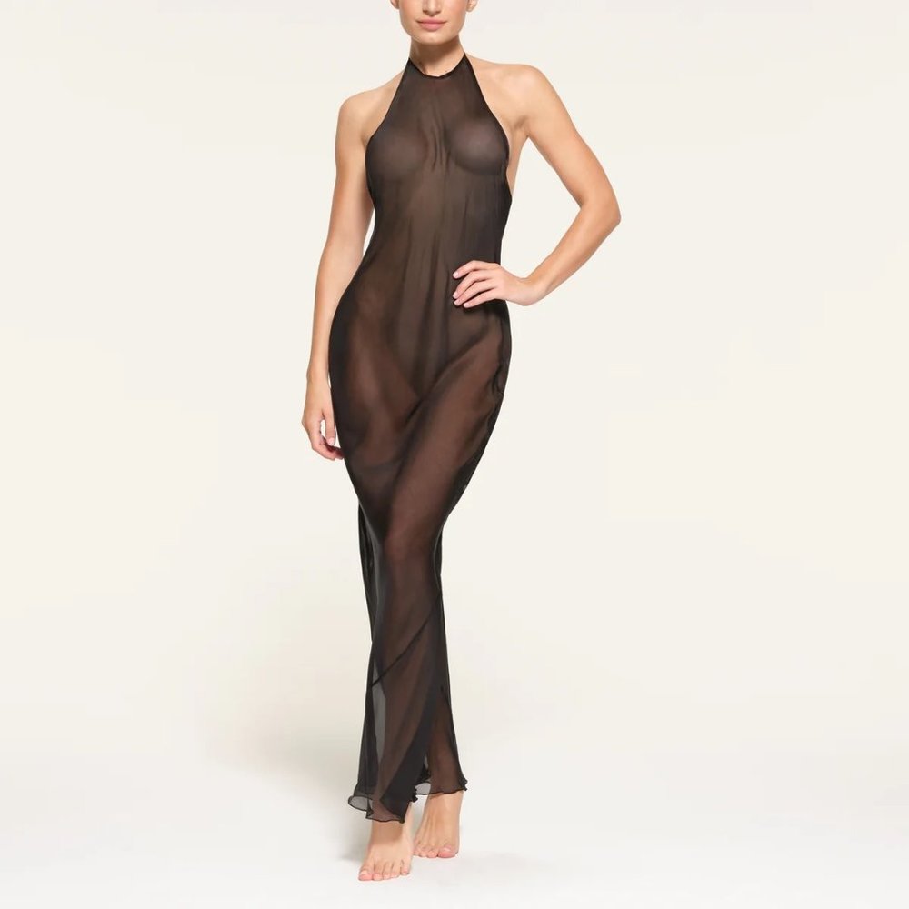 Skims Romance Halter tie slip dress black onyx size small